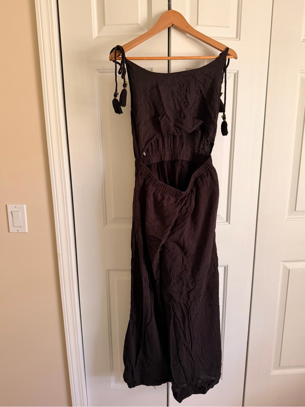 Free People Black Sleeveless Wide-Leg Jumpsuit with Tassel Ties